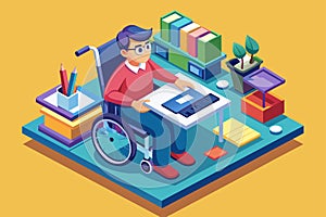 A man with disabilities is sitting in a wheelchair and using a computer, Disabled student Customizable Isometric Illustration