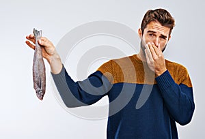 Man, disgust and fish with smelling odor, bad stench of animal or sea creature on a gray studio background. Male person