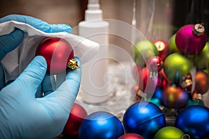 Man disinfecting christmas balls or baubles in days of the corona pandemic, hygienic