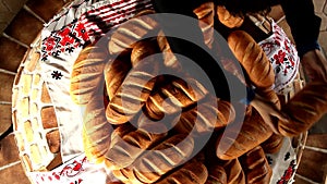 Man distributing bread for starving people top view royalty free video
