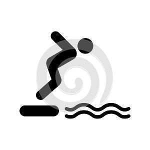 Man Dive Swim in Sea Water from High Board Black Silhouette Icon. Boy Sport Training Athletic Swimmer Jump in Pool from