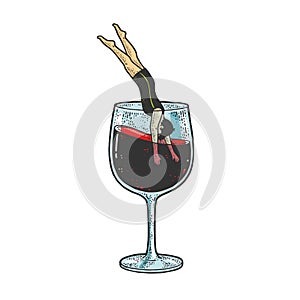 man dives into glass of wine sketch vector