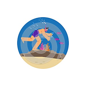 Man in diving mask swimming in sea and observing coral reef, snorkeler watching marine fauna, scuba cartoon vector round