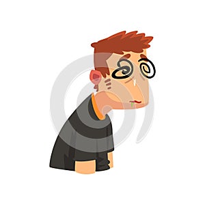 Man with dizziness, disease of the head, migraine, sick unhappy man character vector Illustration