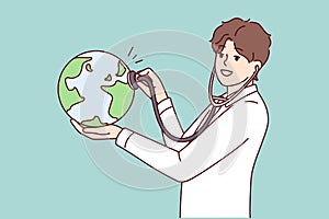 Man doctor applies stethoscope to globe demonstrating care for ecology and nature. Vector image