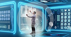 The man doctor in futuristic medicine medical concept