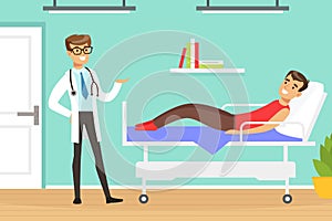 Man Doctor Giving Medical Advice to Man Patient Lying on Hospital Bed Vector Illustration