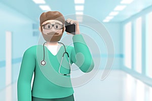 Man doctor in the medical interior of the hospital speaks on the phone, takes the call. Cartoon person. 3D rendering
