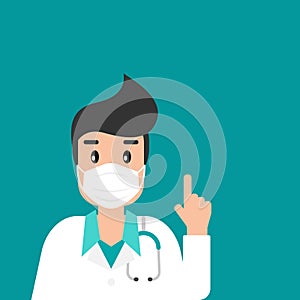 Man doctor with medical mask on blue background. Winter precautions list