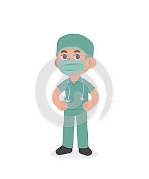 A man doctor or nurse wearing a mask in scrubs outfit illustration vector cartoon character design on white background. Medical