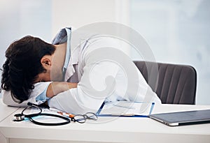 Man, doctor and sleeping for break, relax or burnout on desk in mental health or mistake at hospital office. Tired male