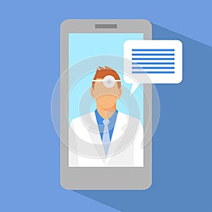 Man doctor with stethoscope on the screen, concept of online diagnostics, vector illustration in flat style. smartphone medical ap