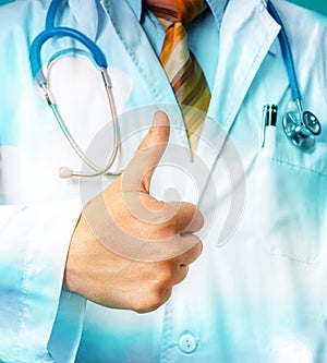 Man Doctor with Stethoscope Showing Thumbs Up. Gesture Healthcare People Medicine Concept