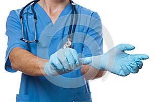 Man Doctor Surgeon Putting On Nitrile Gloves