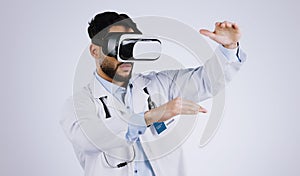 Man, doctor and virtual reality glasses for healthcare software, metaverse and futuristic user experience in studio