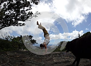 Man does handstand at Tantalus Mountain next to dog