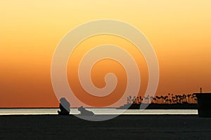 Man and dog on beach at sunset