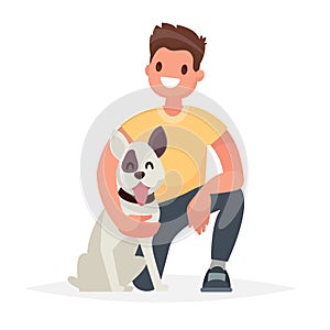 Man with the dog. Caring for a four-footed friend. Vector illustration in a flat style
