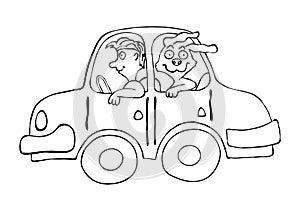 Man an dog in cartoon car, vector illustration