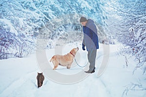 Man with dog and cat walking in a snowy forest