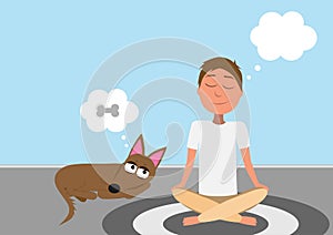 man and dog doing yoga meditation