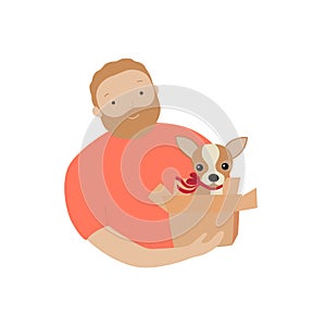 Man with the dog in gift box. Vector illustration