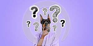 Man with dog head and hand on chin, question marks on purple background