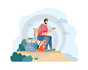 Man with dog hiking and having summer trip. Guy sitting on chair and eating sandwich near backpack on cliff