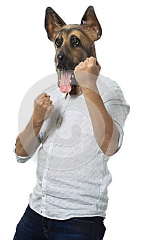 Man in Dog Mask in Fighting Stance with Clenched Fists