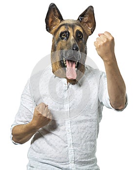 Man in Dog Mask Posing in Fight Stance on Isolated Background