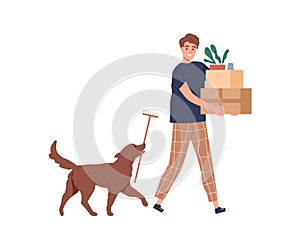 Man and dog moving. Person carrying carton boxes and plant. Guy and doggy walking with home stuff. Changing house