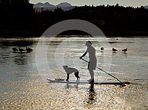 Man, Dog on Paddle Board, Oregon