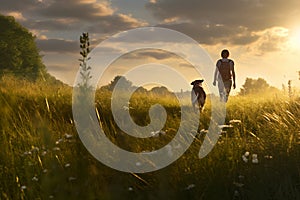 Man with dog running through summer meadow. Generative AI