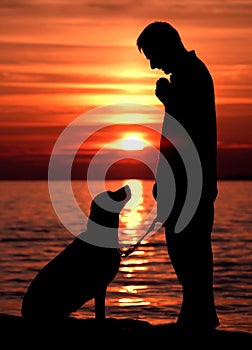 Hombre el perro sobre el atardecer 