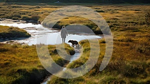 Man And Dog Walking Across Stream In Earthy Sigma 85mm Style