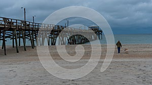 Man and dog walking on beach on stormy day