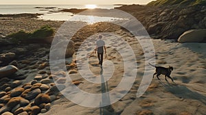 Man And Dog Walking On Beach At Sunset - Stunning Artistic Photography