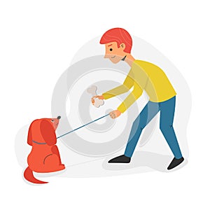 Man and dog walking together. Man holding bone in his arm. Flat cartoon character concept illustration of people with
