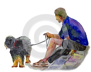 A man with a dog walks drawn in watercolor on paper