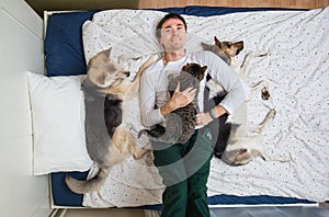 Man and dogs lying on bed with blue sheet