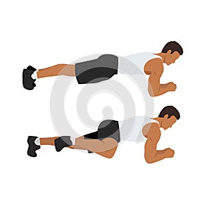 Man doing Abdominal exercise position introduction with Plank Knee to Elbow in 2 step for guide. Flat vector