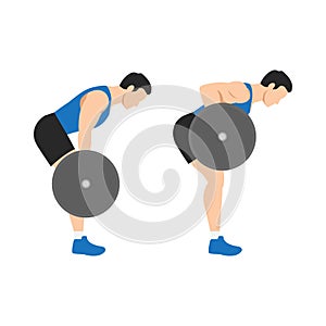 Man doing barbell bent over row exercise from side view.