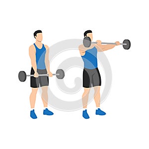 Man doing Barbell front raise exercise. Flat vector