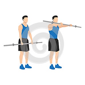 Man doing barbell front raises exercise. Flat vector illustration