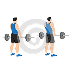 Man doing Barbell shrugs back view exercise.