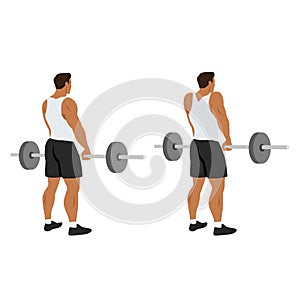 Man doing Barbell shrugs back view exercise. Flat vector