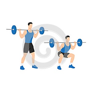Man doing Barbell squat exercise. Flat vector