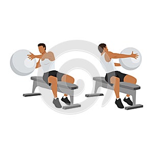 Man doing Bench Swiss. fitness workout, practicing abs