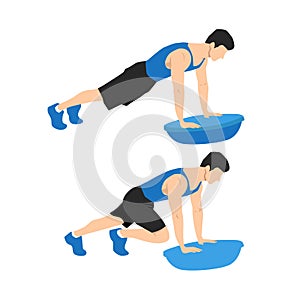 Man doing bosu ball mountain climber. Abdominals exercise