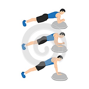 Man doing bosu ball plank to push up or walking plank up downs exercise.